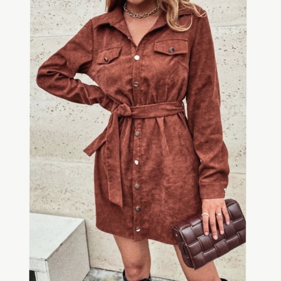 *NEW Corduroy Shirt Dress Shacket Belted Button Up Spice Brown - Picture 4 of 10